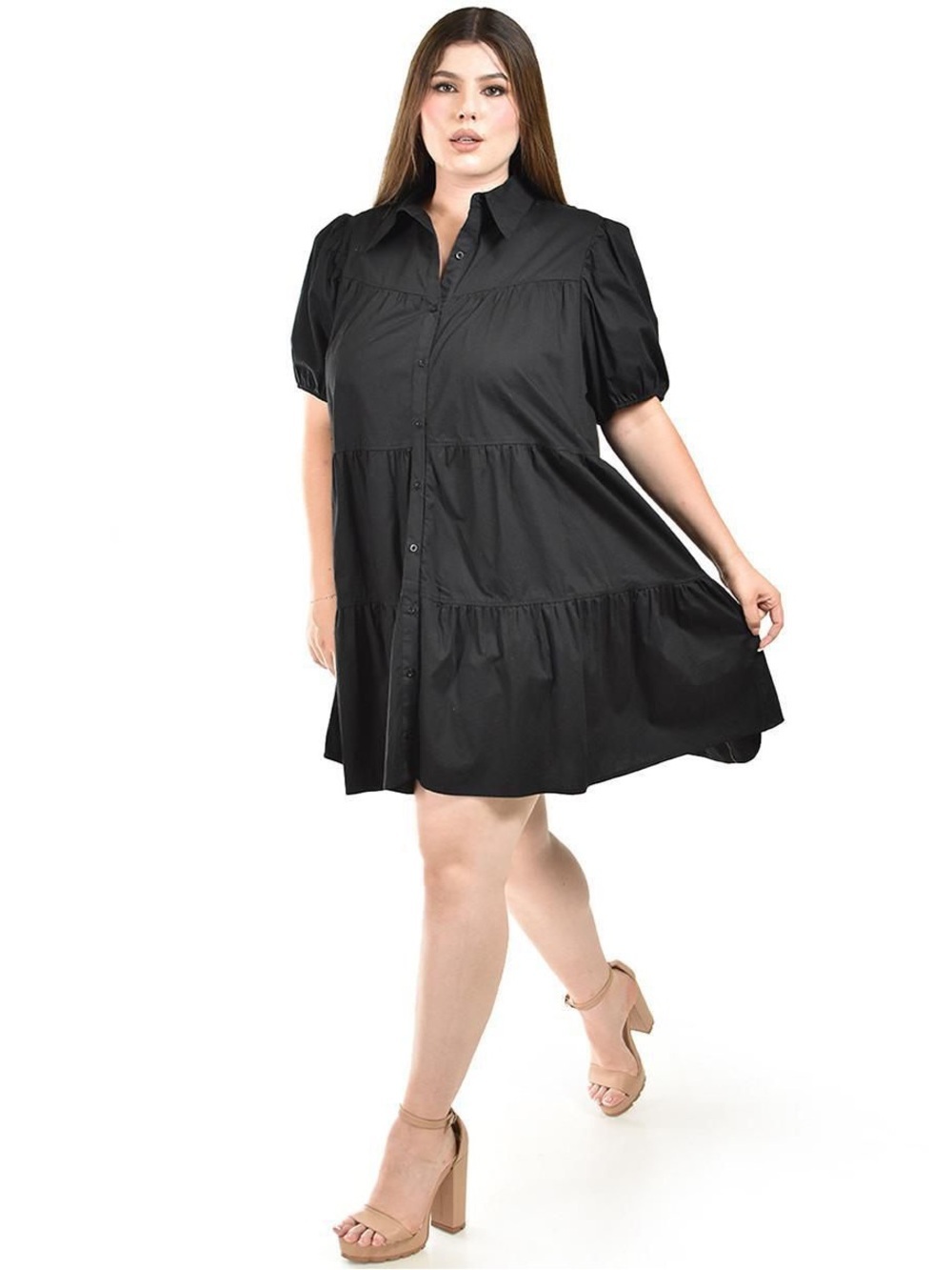 Black Tiered Button-Front Shirt Dress - Picture 3 of 4